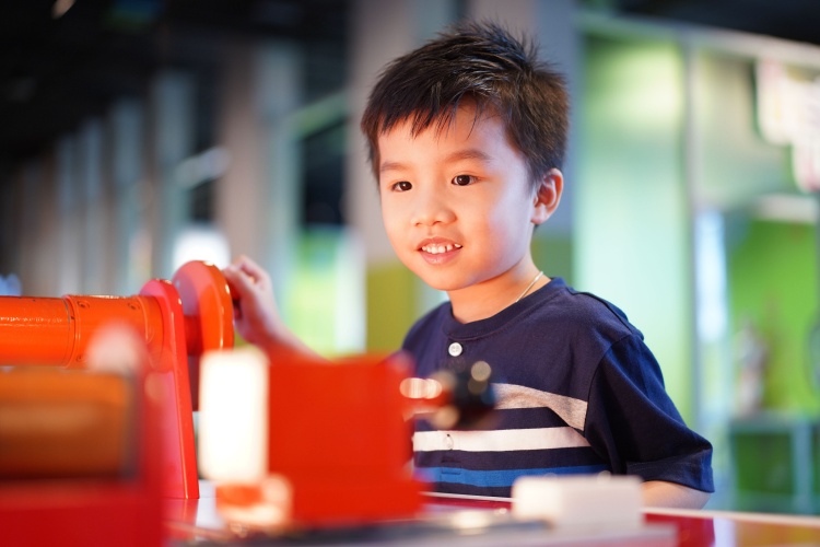 A young boy looks at a museum exhibit