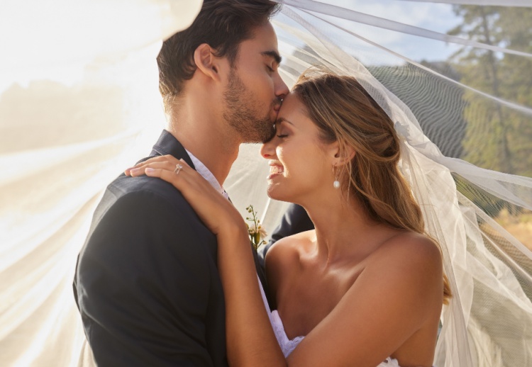 A bride and groom share a kiss under the bride's veil