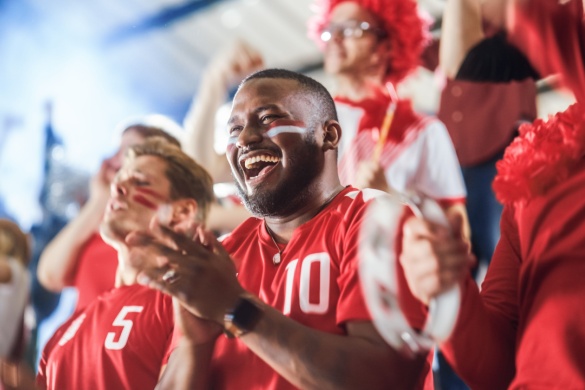 a group of sports fans cheer at a game