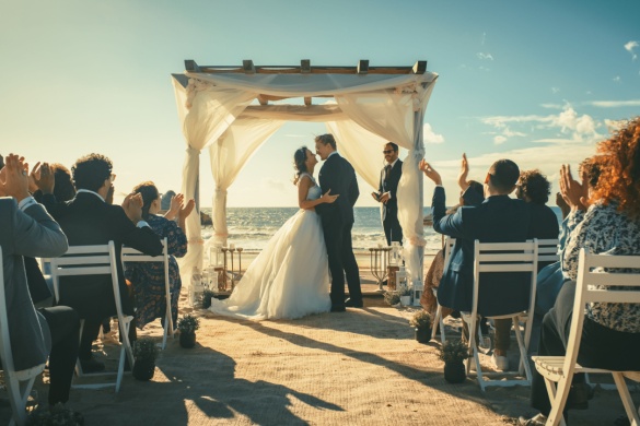 A couple gets married in a beach ceremony