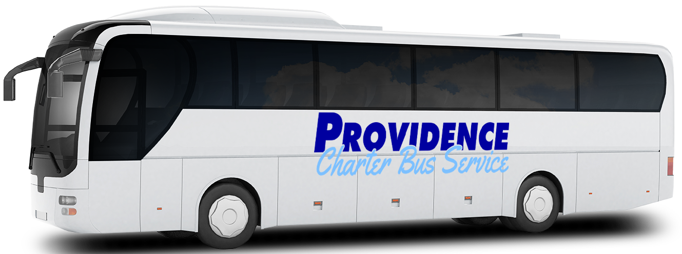A plain white charter bus with a Providence charter bus service logo on it