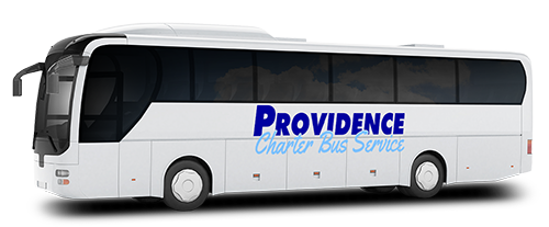 a plain white charter bus with a providence charter bus service logo on it